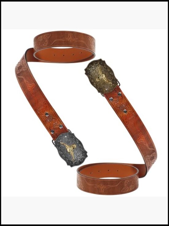 2-Pack Western Cowboy Belts PU Leather Gold Silver Buckle 28-41 Inch
